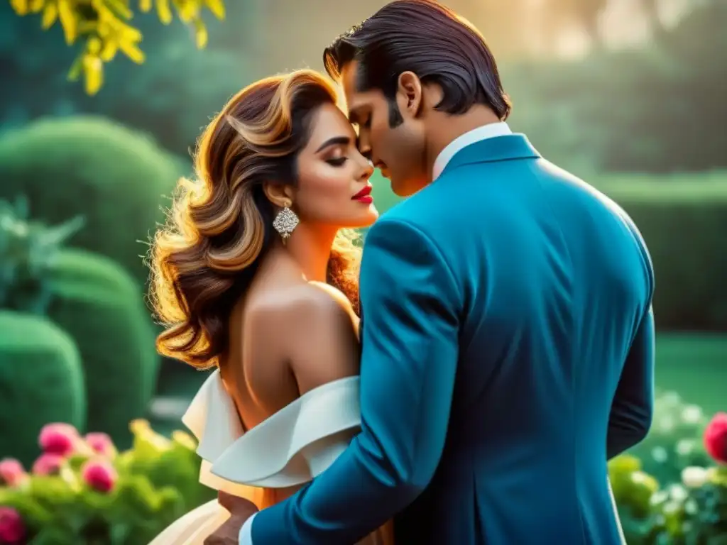 Un apasionado abrazo entre personajes en una escena dramática de telenovela, en un jardín vintage
