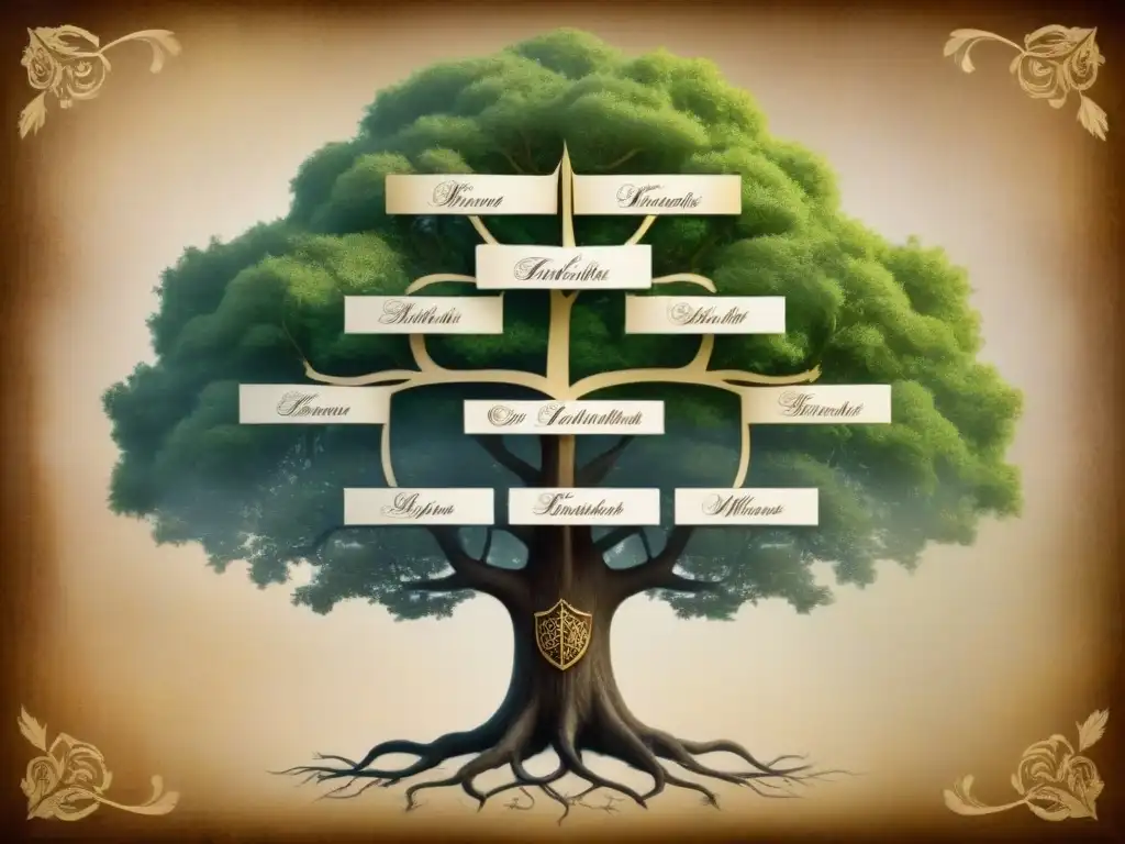 Genealogía Carrillo historia linaje apellido: Árbol genealógico vintage detallado con elegante caligrafía y escudos de armas ilustrados