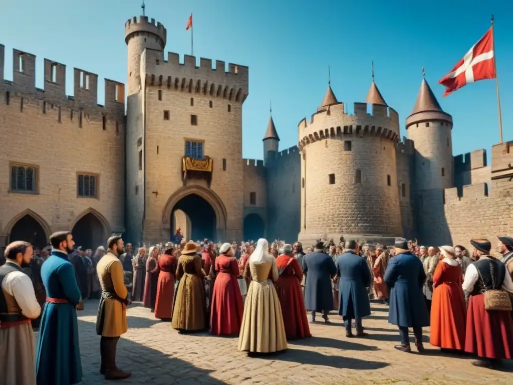 Apellidos en política medieval: nobleza con blasones en castillo, mientras plebeyos trabajan