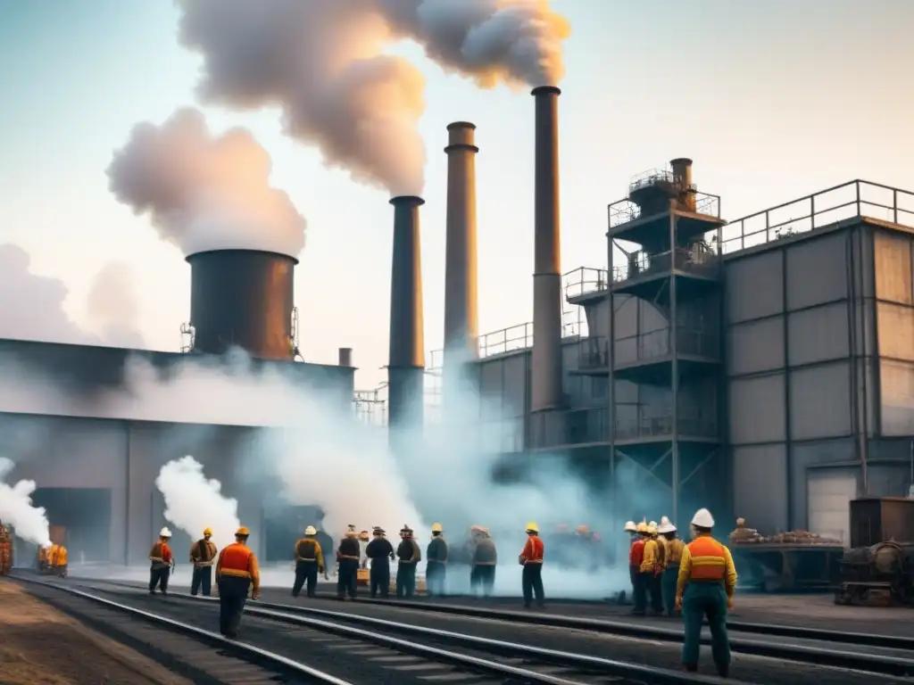 Transformación de apellidos por industrialización: fábrica bulliciosa con humo de chimeneas altas y trabajadores en trajes tradicionales