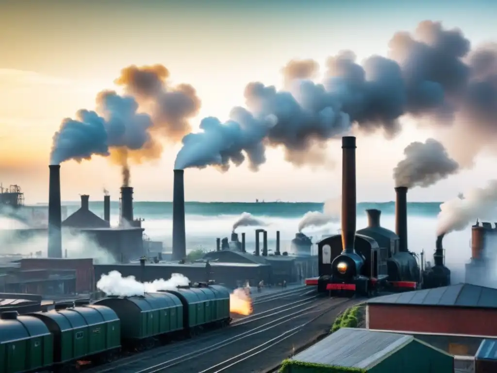 Transformación de apellidos por industrialización: una ciudad industrial bulliciosa con fábricas humeantes y trabajadores en ropa de época