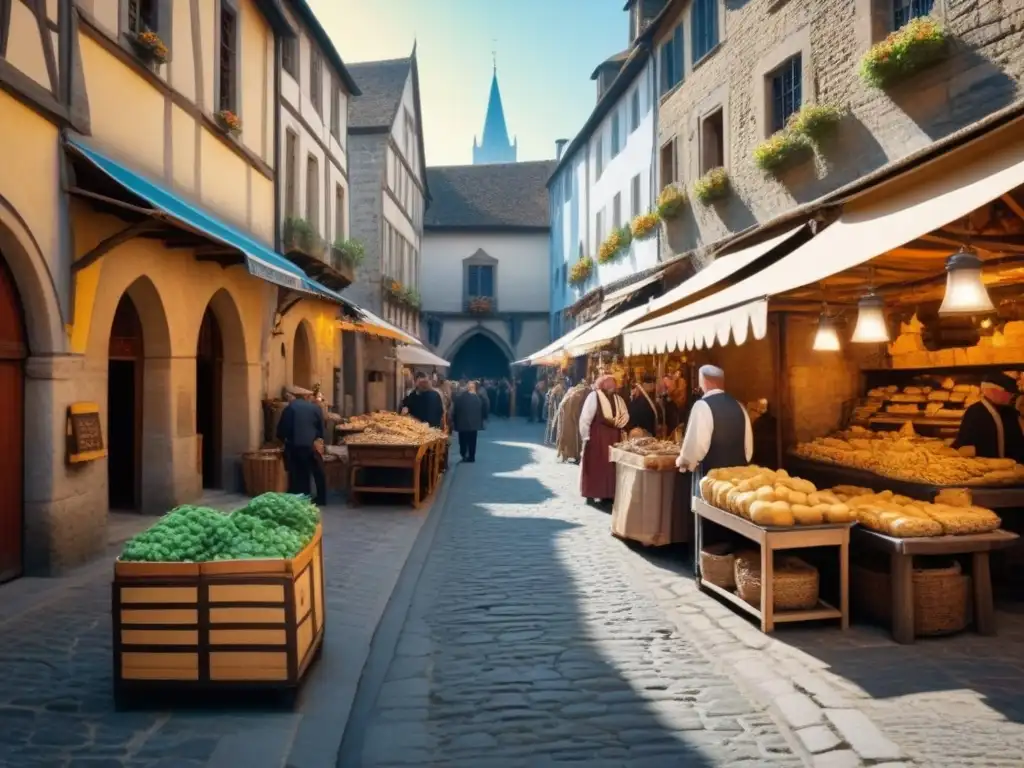 Apellidos de comerciantes y artesanos en un bullicioso mercado medieval lleno de vida y color