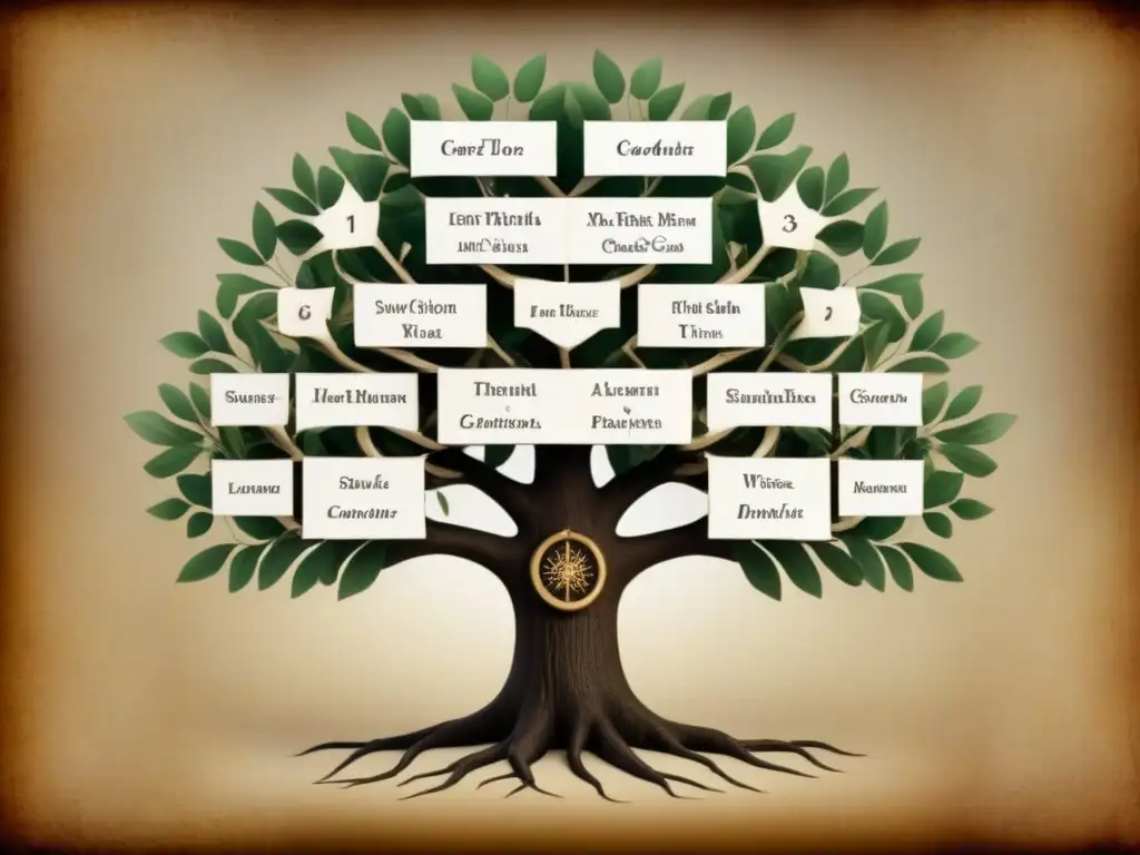 Rastreando la evolución de apellidos en una detallada genealogía vintage sobre pergamino envejecido