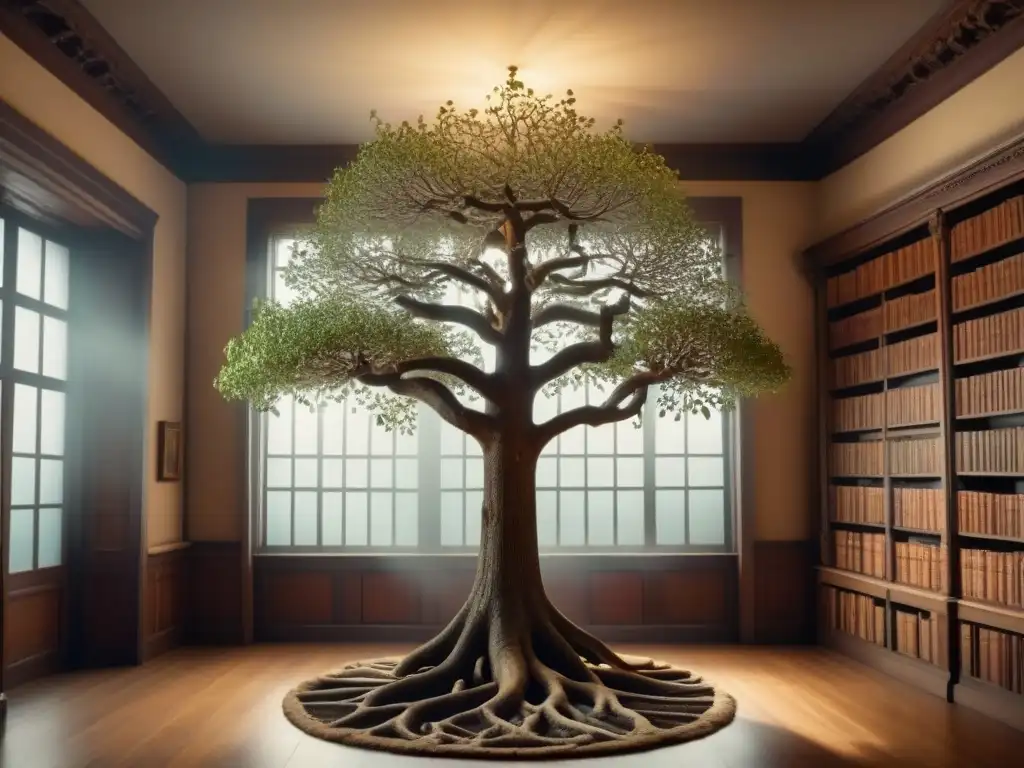 Documentación genealógica para apellidos en detallado árbol ancestral en biblioteca antigua