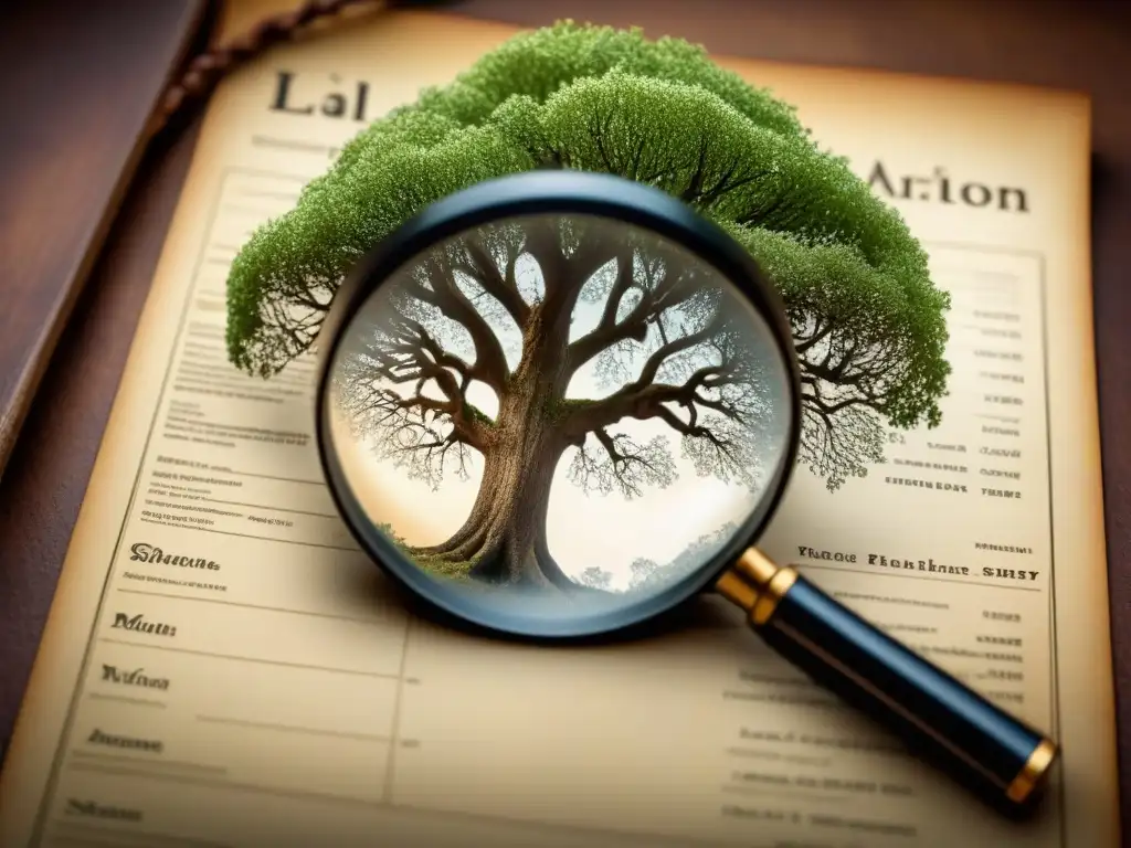 Explora la evolución de apellidos en genealogía a través de un antiguo árbol familiar detallado bajo una lupa