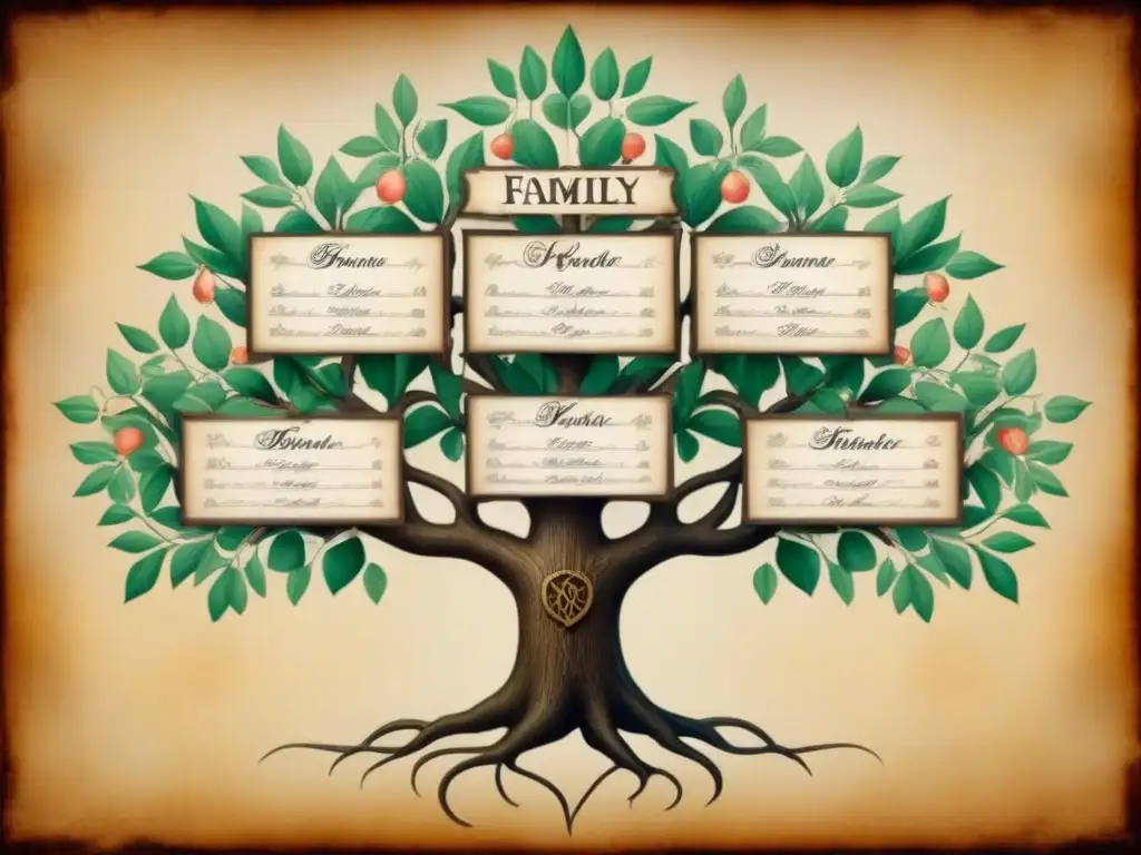 Revelación apellidos: historia genealogía ADN en un árbol genealógico vintage intrincado en pergamino envejecido