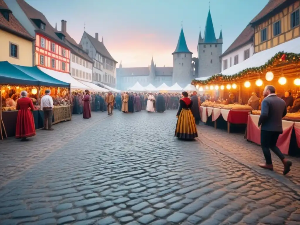 Apellidos medievales y sus festividades: Plaza medieval llena de color y vida en festival vibrante