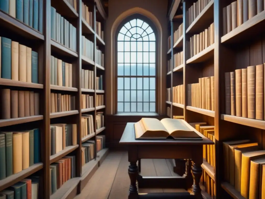 Explorando apellidos perdidos en historia en una antigua biblioteca llena de libros antiguos y misterio, iluminada por la luz del sol