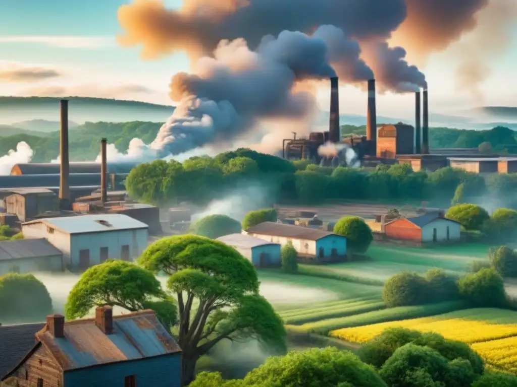 La transformación de apellidos por industrialización representada en una ilustración vintage de contraste entre ciudad industrial y campo tradicional