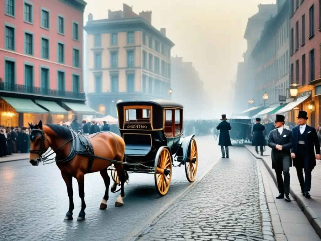 Reinvención de apellidos en siglo XX: Una bulliciosa calle de ciudad en los años 1900, con gente elegante y carruajes