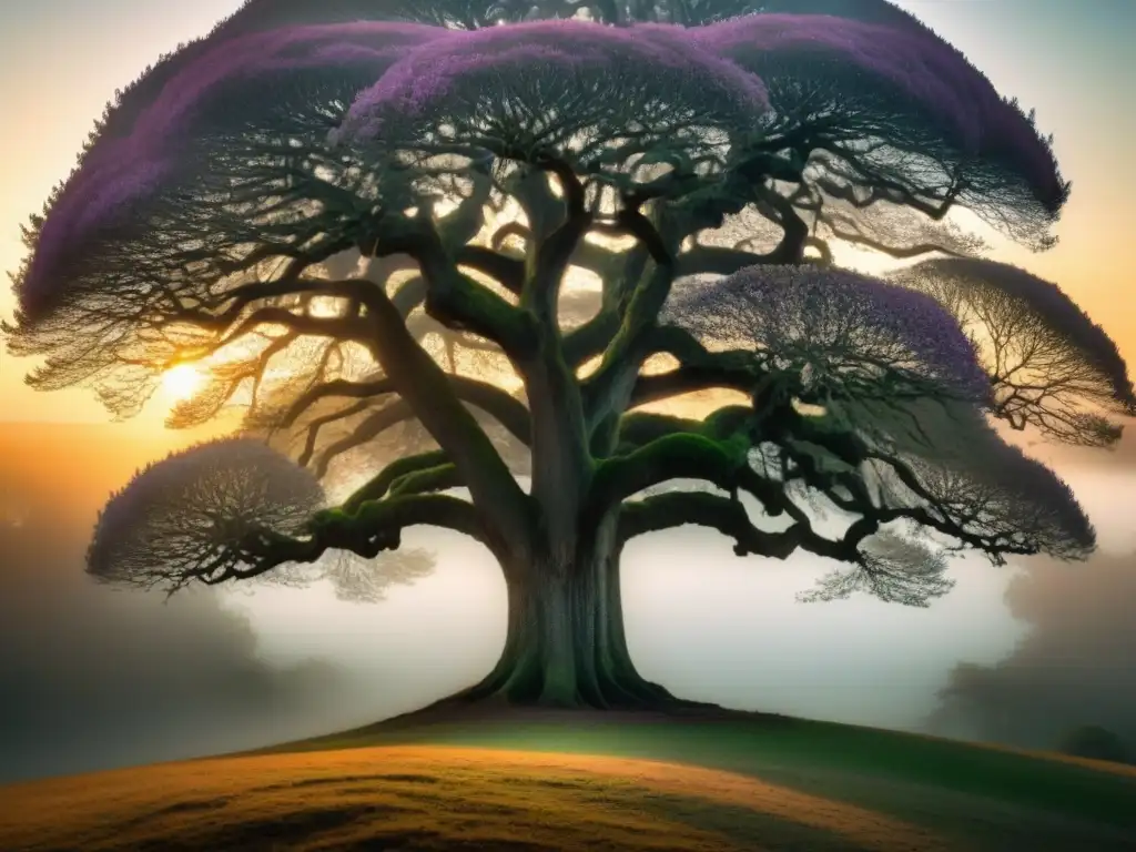 Un árbol ancestral detallado de la familia Ezcurra, con ramas intrincadas y generaciones representadas en hojas y flores, iluminado por el sol