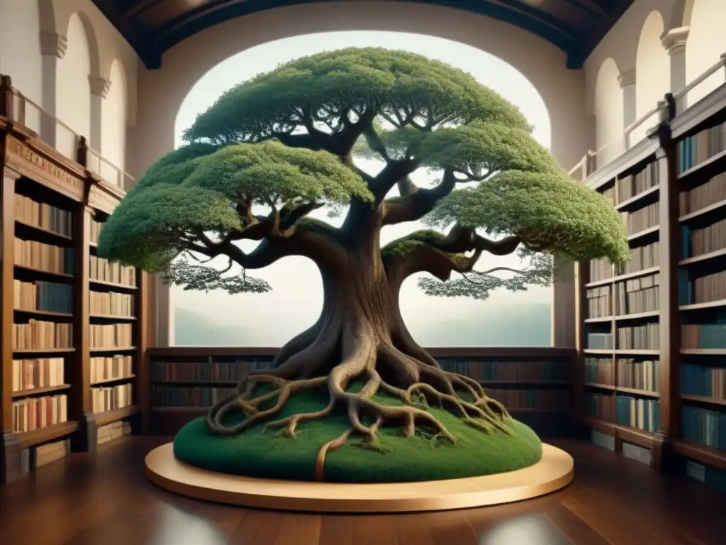 Un árbol ancestral detallado con nombres de apellidos, en una biblioteca histórica