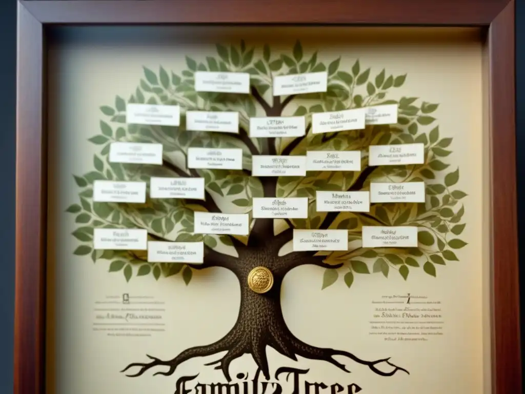 Explora tu árbol genealógico gratis en este antiguo y detallado diagrama familiar, con ramas dibujadas a mano y nombres escritos en caligrafía