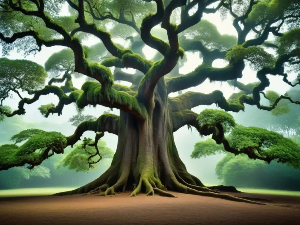 Un árbol antiguo con ramas entrelazadas formando un árbol genealógico, en un bosque encantado