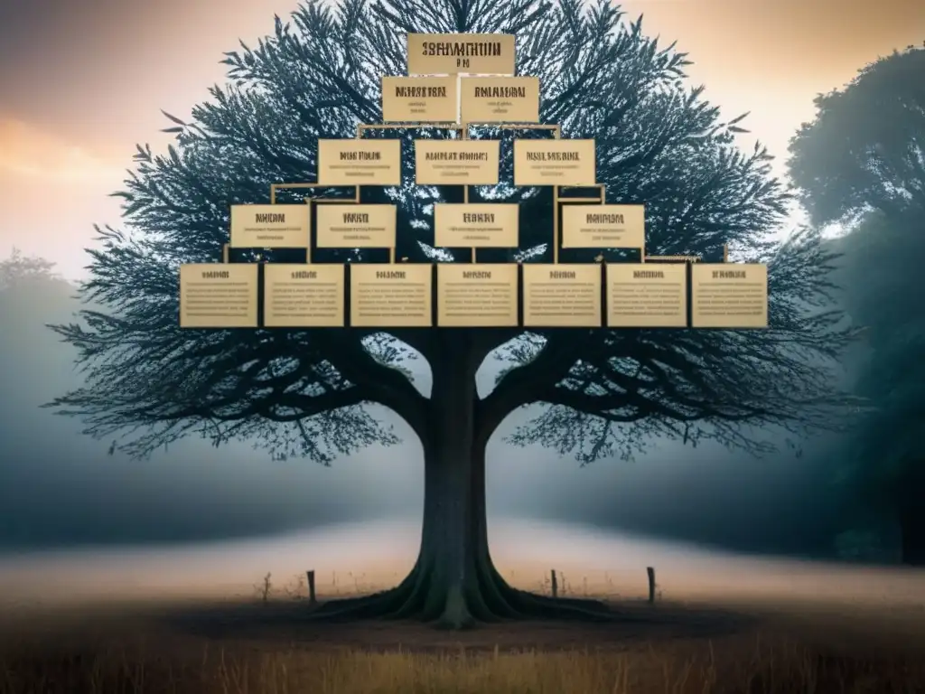 Árbol genealógico sepia con apellidos judíos entrelazados y escenas de guerra histórica