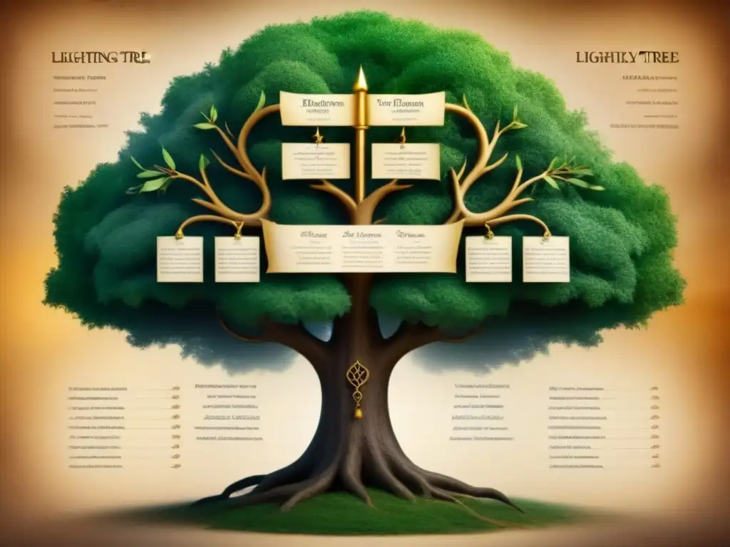 Árbol genealógico judío con apellidos tradicionales, escritura hebrea y símbolos sagrados en antiguos pergaminos