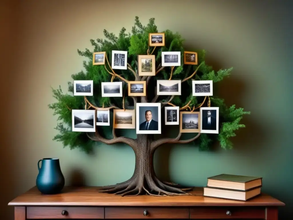 Explora tu árbol genealógico gratis: detallado árbol familiar sepia con fotos antiguas y documentos dispersos en mesa rústica