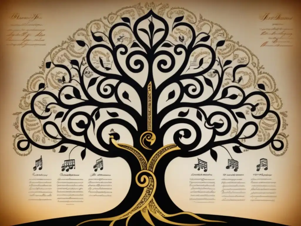 Árbol genealógico detallado de la familia Beethoven en sepia Árbol genealógico sepia detallado de la historia del apellido Beethoven, con caligrafía delicada y adornos ornamentales