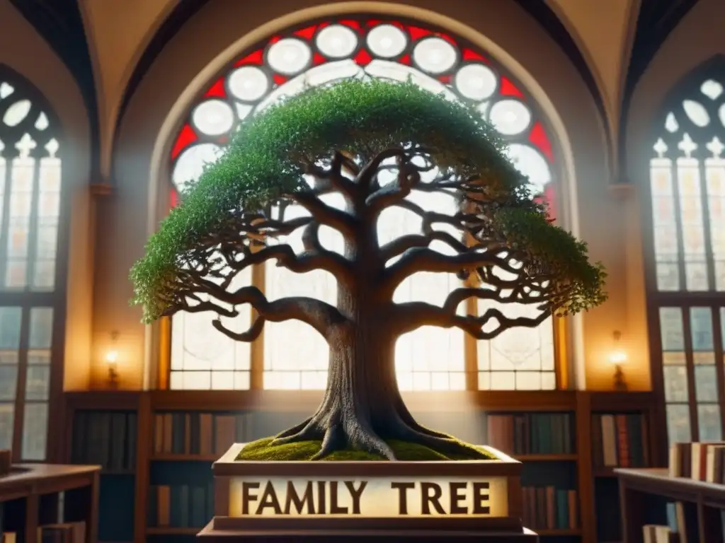 Un árbol genealógico ancestral en una biblioteca sepia con libros antiguos, historia apellidos linajes antiguos genealogía