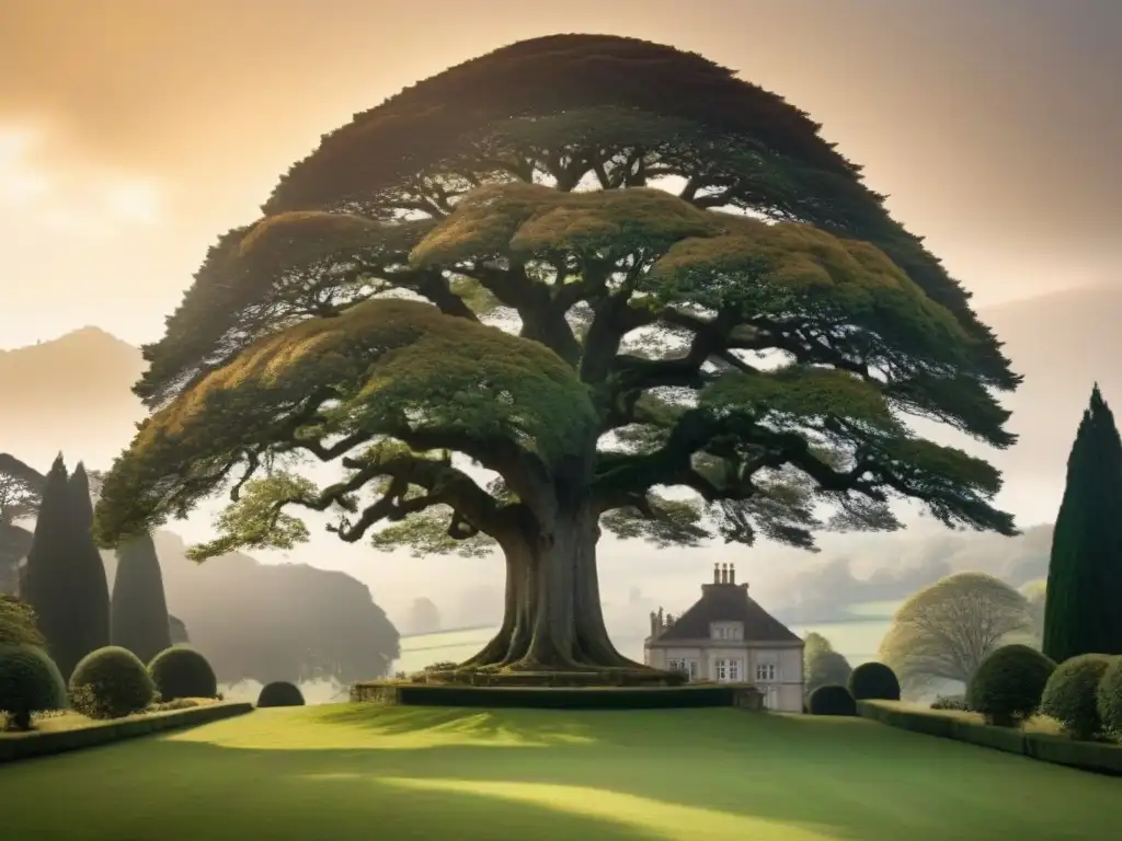 Un árbol genealógico ancestral detallado con adornos dorados y escudos nobles, enmarcado por una mansión señorial y exuberantes jardines