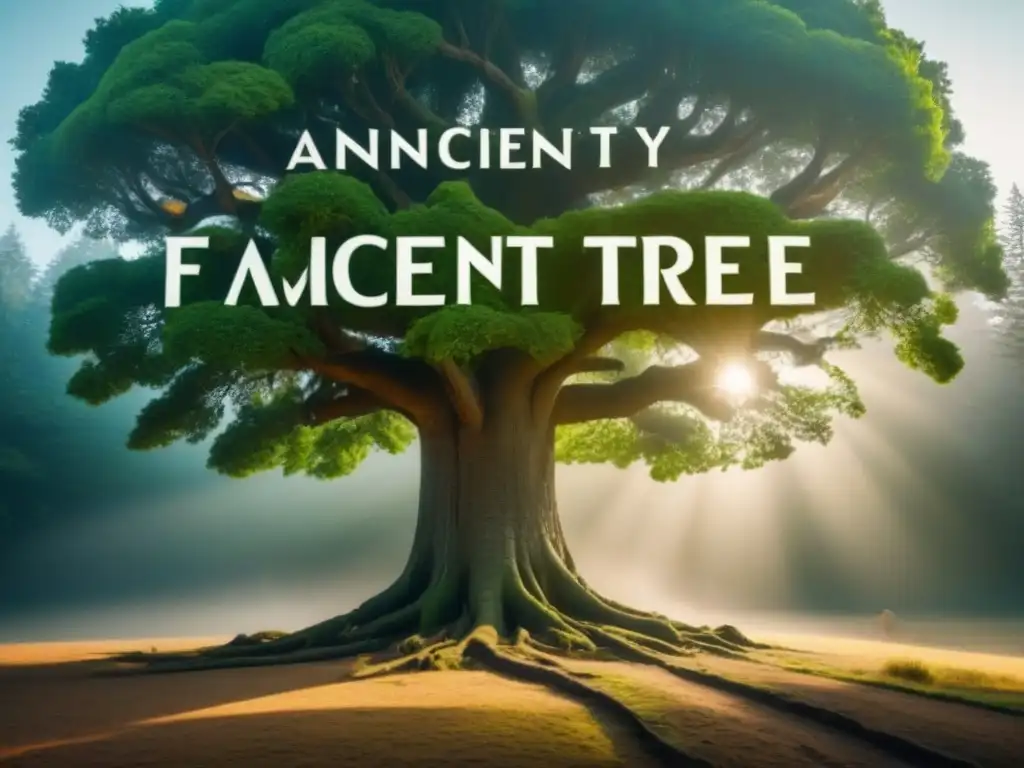 Un árbol genealógico ancestral detallado en 8k, con raíces y ramas entrelazadas, cada hoja con un apellido distinto