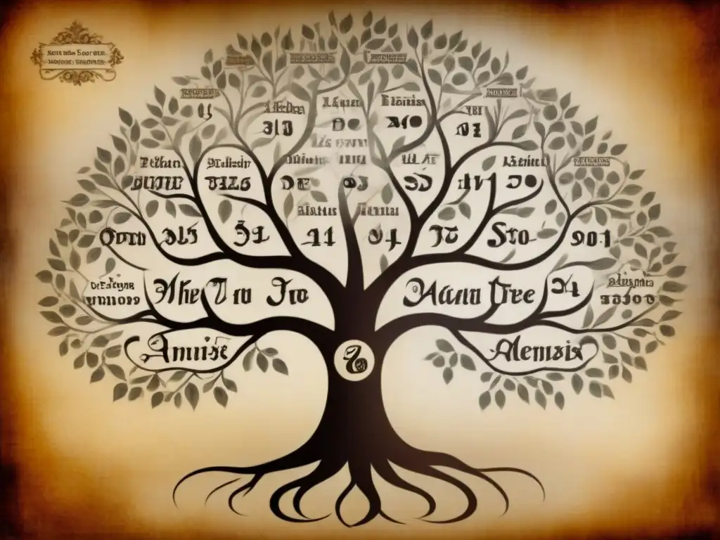 Un árbol genealógico ancestral detallado con talentos y habilidades especiales, en pergamino envejecido
