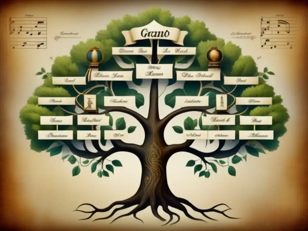 Un árbol genealógico ancestral detallado de Los Del Canto, decorado con notas musicales e instrumentos, reflejando la rica historia y linaje del grupo