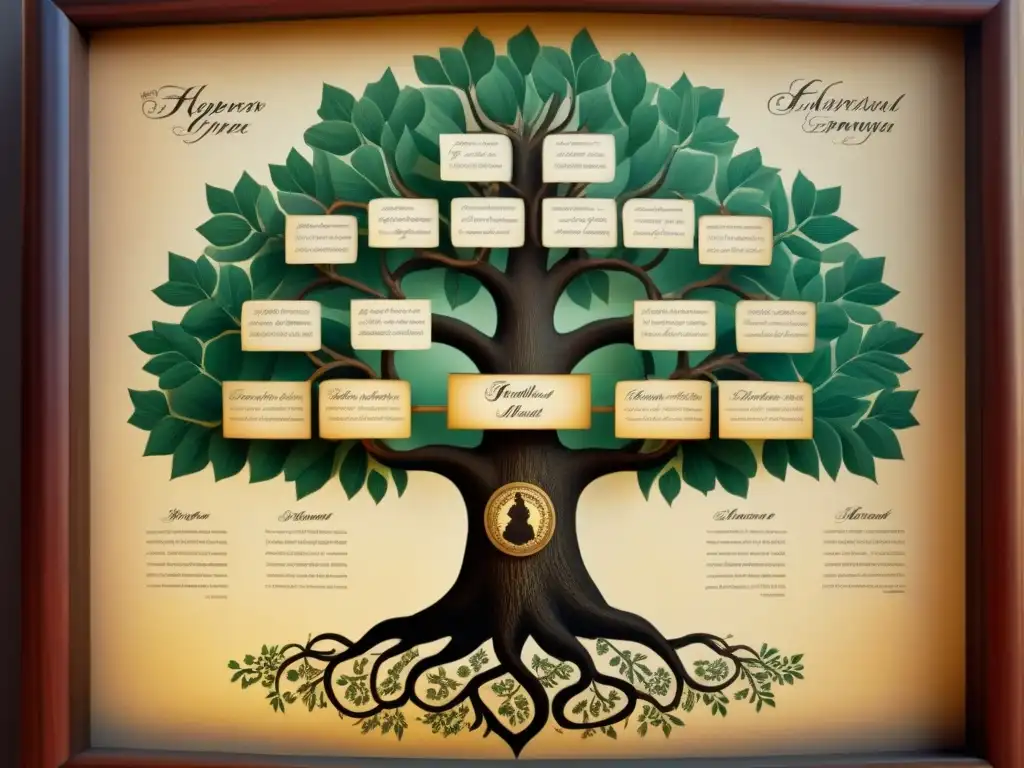 Un árbol genealógico ancestral detallado con nombres y retratos de antepasados distinguidos en atuendos de época