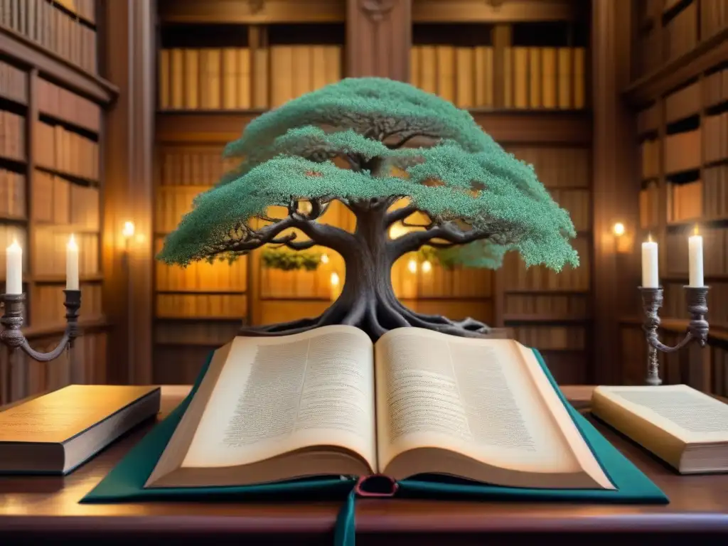 Árbol genealógico ancestral de la familia Londoño en biblioteca iluminada por velas