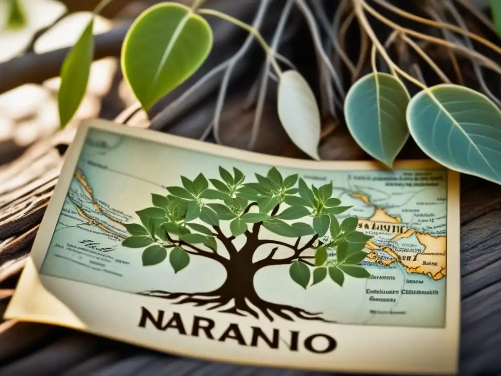 Árbol genealógico ancestral con hojas inscritas con apellidos, incluyendo 'Naranjo', sobre mapa vintage de España