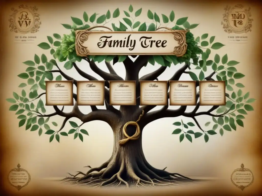 Un árbol genealógico antiguo con acentos en los apellidos, destaca la importancia de los acentos en la genealogía de una familia