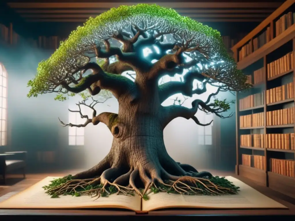 Árbol genealógico antiguo con apellidos raros en biblioteca misteriosa