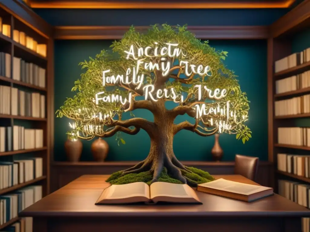 Un árbol genealógico antiguo en una biblioteca iluminada débilmente, lleno de historias de apellidos y creencias de ancestros en caligrafía elegante