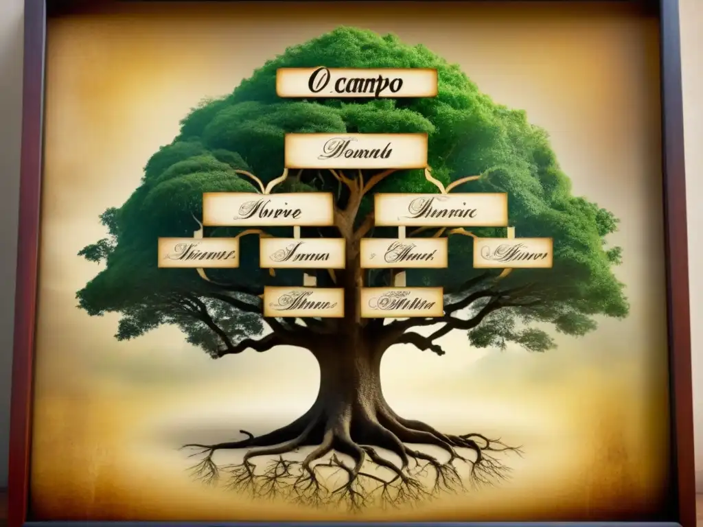 Un árbol genealógico antiguo detallado en 8k de los apellidos Ocampo y Ozores, con historia de España y Latinoamérica