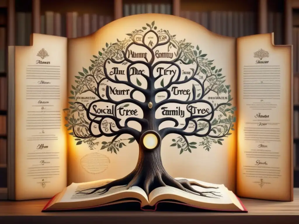 Un árbol genealógico antiguo detallado en 8k, con apellidos entrelazados y raíces históricas, en una biblioteca evocadora de 'Origen y significado de apellidos'