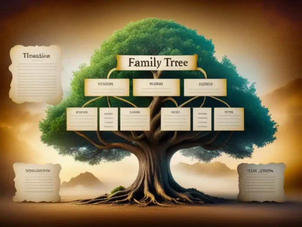 Un árbol genealógico antiguo detallado en 8k, rastreando la evolución del apellido en una era digital