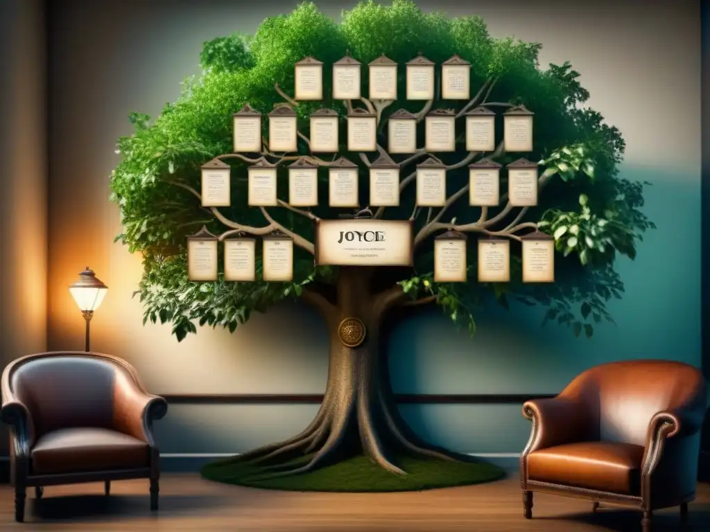 Un árbol genealógico antiguo y detallado de la familia Joyce en una biblioteca iluminada tenue