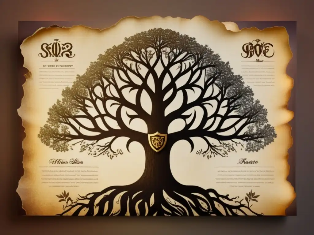 Árbol genealógico antiguo: historia de apellidos en mapa mundial Un árbol genealógico antiguo detallado en 8k, con caligrafía y mapamundi envejecidos, simbolizando el origen y evolución de apellidos