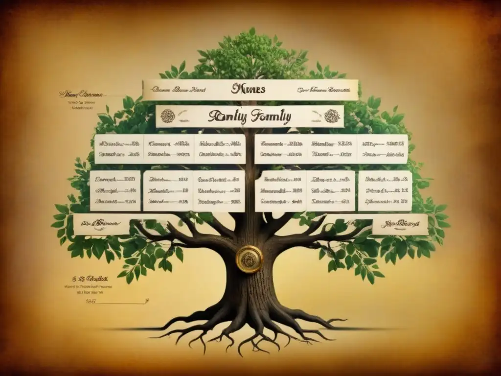 Un árbol genealógico antiguo y detallado en papel amarillento, lleno de historias de éxito en genealogía