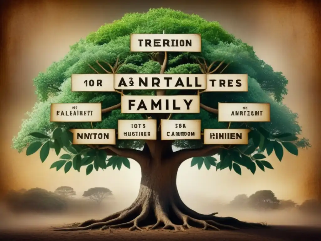 Un árbol genealógico antiguo detallado en 8k con apellidos entrelazados, evocando historias y conexiones familiares