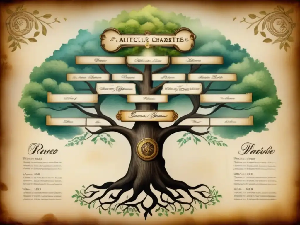 Un árbol genealógico antiguo detallado, con ilustraciones y caligrafía en pergamino envejecido