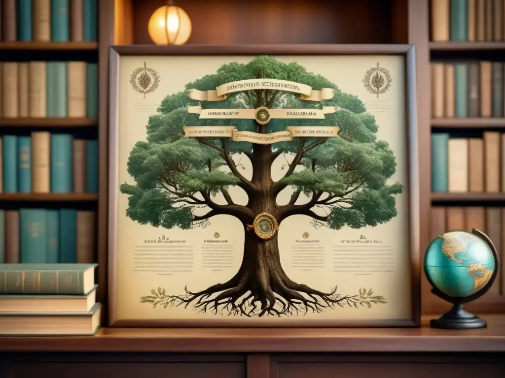 Un árbol genealógico antiguo detallado en una biblioteca vintage