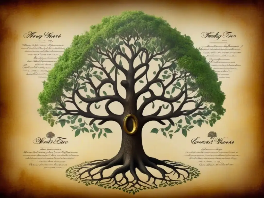 Árbol genealógico antiguo: historia familiar en caligrafía detallada Un árbol genealógico antiguo detallado con caligrafía intrincada sobre un mapa vintage, mostrando generaciones de ancestros