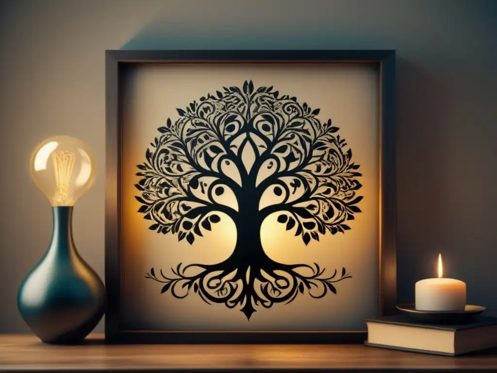 Ilustración sepia de árbol genealógico antiguo con elegante caligrafía y escudos desgastados