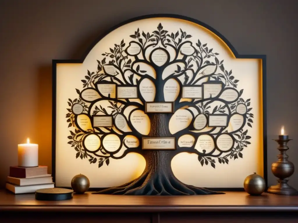 Árbol genealógico vintage en biblioteca antigua Árbol genealógico antiguo con historia de apellidos con A en una biblioteca histórica