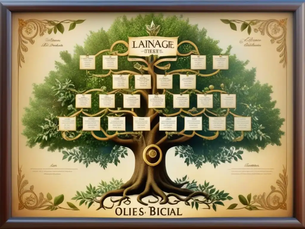 Un árbol genealógico antiguo detallando el origen de apellidos bíblicos familiares con caligrafía ornamental y decoraciones clásicas