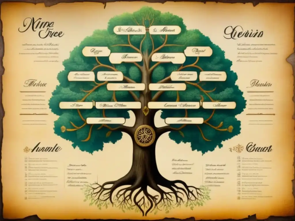 Árbol genealógico antiguo en pergamino con caligrafía e ilustraciones de ancestros, evocando historia de apellidos genealogía apps