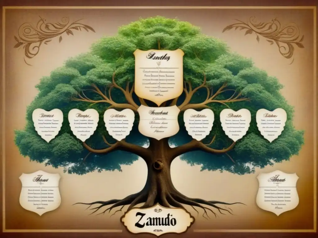 Árbol genealógico vintage de la familia Zamudio: historia ancestral detallada en caligrafía Un árbol genealógico vintage detallando la evolución del apellido Zamudio con caligrafía ornamental en tonos sepia