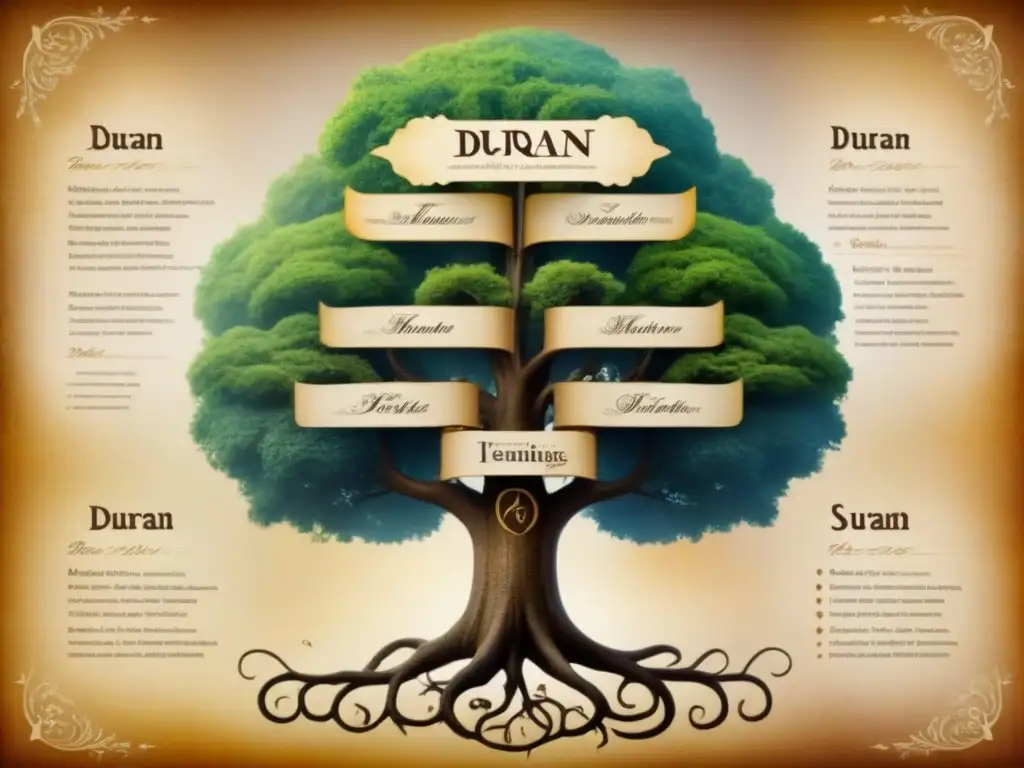 Árbol genealógico vintage detallando la evolución del apellido Duran a lo largo de los siglos, con caligrafía ornamental y personajes históricos