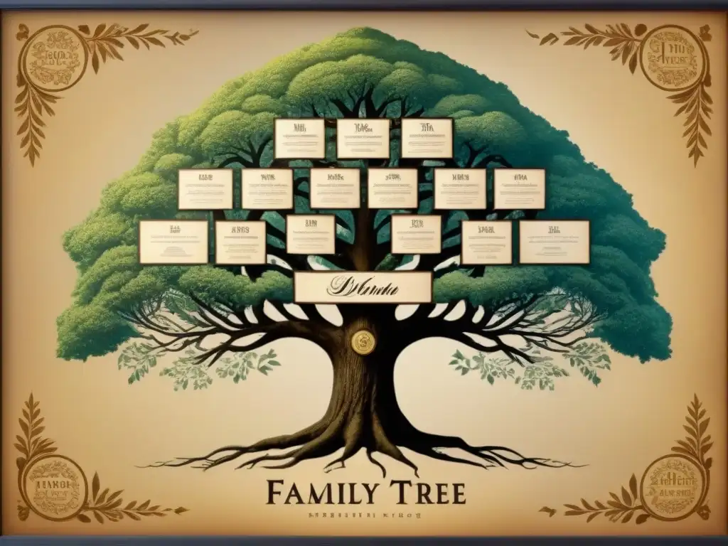 Un árbol genealógico vintage detallando la evolución de apellidos aristocráticos con caligrafía ornamental y ricos detalles ilustrativos